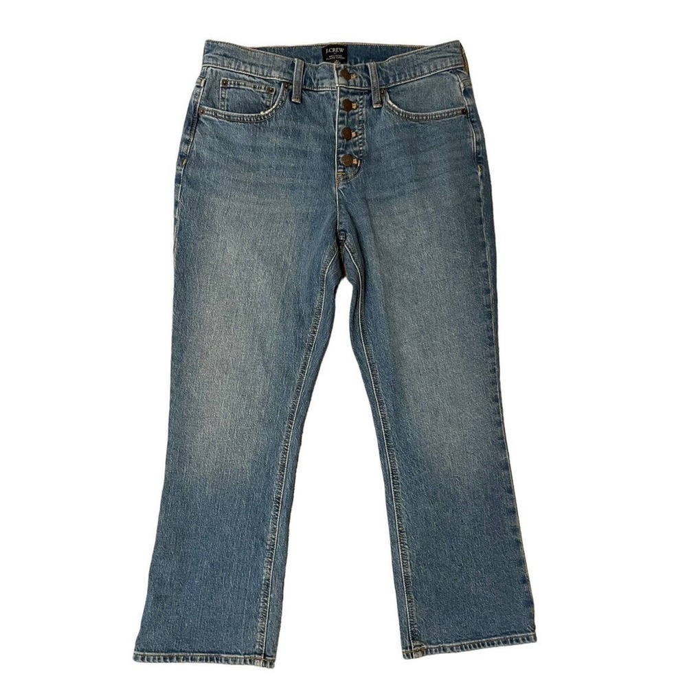 J Crew Mid Rise Flare Crop Jeans Exposed Button Fly Size 27 Medium Wash